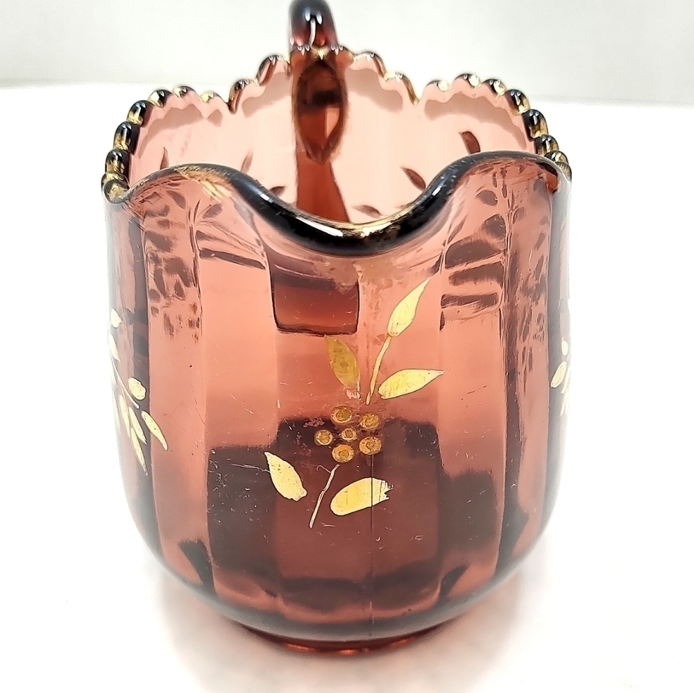 Vintage Amber Glass Serving Set – Hand-Painted Floral Butter Dish, Creamer & Cup - Picture 10 of 15